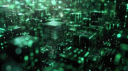 Fototapete - 3D render of dark green glowing blocks with data flowing between them. The background is black, and the cubes have various sizes, shapes, textures, and materials. Generative AI.