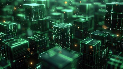 Poster - 3D render of dark green glowing blocks with data flowing between them. The background is black, and the cubes have various sizes, shapes, textures, and materials. Generative AI.