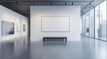 modern art gallery with sleek, bright interior, showcasing a large blank white wall as its centerpiece. The minimalist design highlights the potential for creative exhibitions or artwork presentations