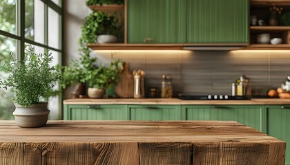 Cozy modern kitchen showcasing a rustic wooden countertop, green cabinets, and vibrant houseplants under warm natural light