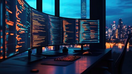 A programmer's desk with multiple monitors displaying lines of code, a keyboard, and a mouse, with a cityscape at sunset viewable through the window.