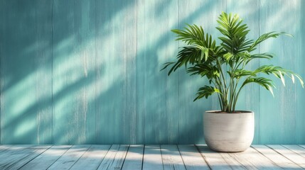 Green potted plant with white pot on a wooden table and a light blue wood background.