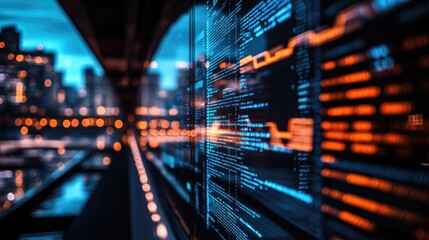 A large digital display of code in an urban setting.