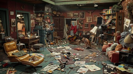 A cluttered room with furniture, papers, and personal items scattered throughout