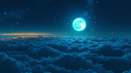 Wall Mural - serene night sky with a bright full moon glowing above thick clouds, casting a peaceful light over t