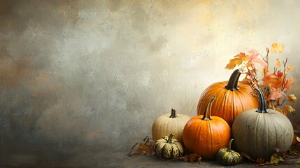 Poster - Four pumpkins with fall leaves on a textured background.