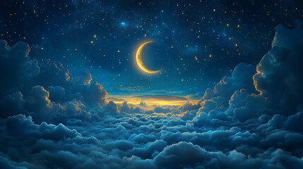 Wall Mural - serene night sky with a bright full moon glowing above thick clouds, casting a peaceful light over t
