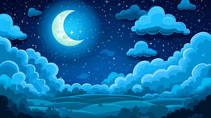 Wall Mural - serene night sky with a bright full moon glowing above thick clouds, casting a peaceful light over t