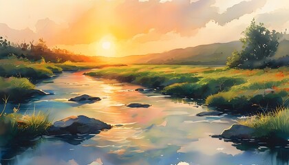 Wall Mural - Joyful Sunrise Illuminating Pastel Watercolor Riverscape