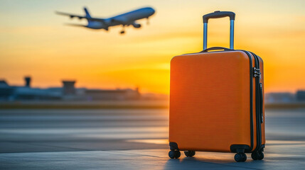 silhouette of a suitcase stands against a blurred background, with an airplane soaring in the sky. t