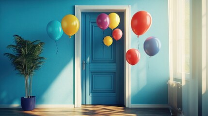 Wall Mural - A closed blue door in a room with blue walls and colorful balloons floating in the air.