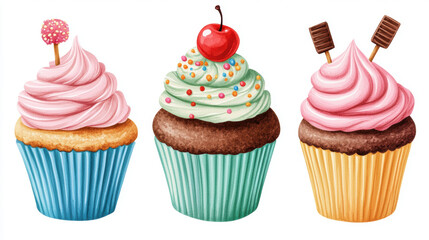 Sticker - Watercolor Cupcakes Set.