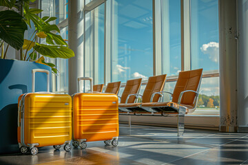 luggage waiting in a waiting room at an airport with blue sky