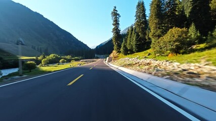 Poster - Driving car on a mountain road. road Trip.