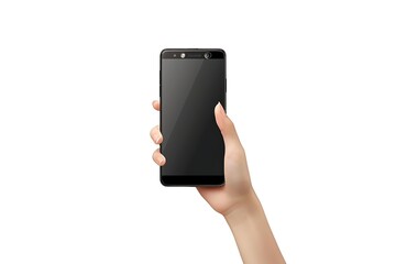 Hand holding a black smartphone with blank screen isolated on white background.