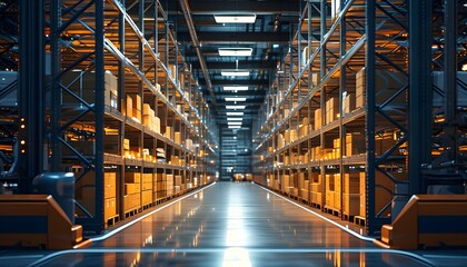 Wall Mural - Futuristic Automated Warehouse Interior Featuring Robotic Equipment and Illuminated Shelves in a Modern Nighttime Setting