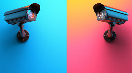 security cameras mounted on the corner of a building, overlooking a minimalistic urban environment. The clear sky and sleek design emphasize surveillance, protection, and observation