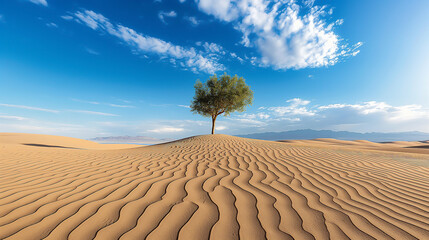 a vast desert landscape, rippling sand dunes, lone tree