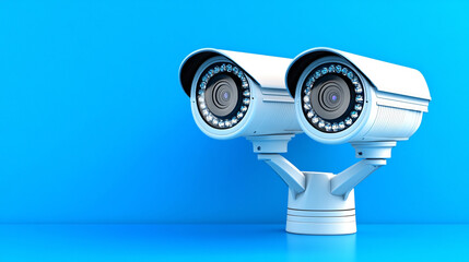 security cameras mounted on the corner of a building, overlooking a minimalistic urban environment. The clear sky and sleek design emphasize surveillance, protection, and observation