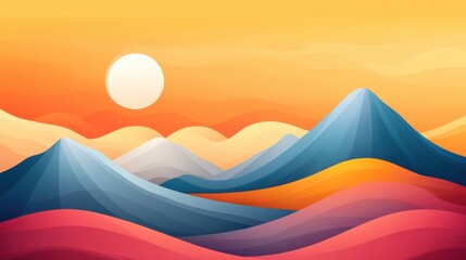 Poster - A colorful abstract painting of mountains and a sun, AI