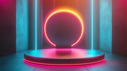 A futuristic 3D podium with sleek, metallic surfaces, glowing neon accents abstract digital background, perfect for product display