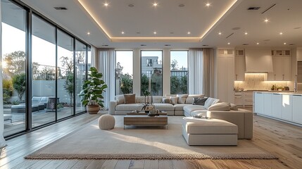 Poster - A spacious living room with high ceilings, decorated in neutral tones like white, gray, and beige. The floor is light wood, The ceiling is clean and ready to add recessed lighting. Generative AI.