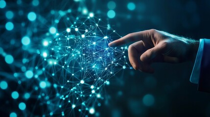 A hand of an unrecognizable businessman interacting with an immersive AI artificial intelligence interface, set against a blue copy space background.