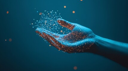 A hand of an unrecognizable businessman interacting with an immersive AI artificial intelligence interface, set against a blue copy space background.