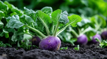 Wall Mural - A close-up of market-ready kohlrabi (Brassica oleracea), with its bulbous purple stem and green leaves