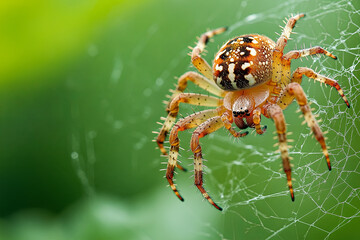 Wall Mural - Spider spinning a web in the corner of a garden