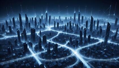 A futuristic cityscape with tall skyscrapers and glowing blue energy lines connecting the buildings, set against a dark blue night sky with a sense of technological advancement and interconnectivity