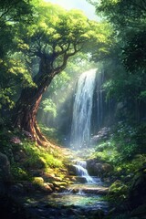 Sticker - Waterfall in Lush Green Forest