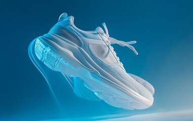 Wall Mural - pair of white sneakers isolated on blue background. 3d rendering