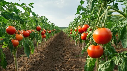 Wall Mural - A field of ripe market-ready tomatoes (Solanum lycopersicum) growing on the vine