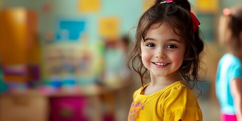 Wall Mural - Little girl with brown hair and a yellow shirt smiles brightly.