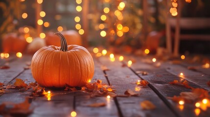 Wall Mural - A single orange pumpkin sits on a wooden deck with scattered autumn leaves and fairy lights.