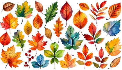 Wall Mural - Colorful Autumn Watercolor Leaves Art on Crisp White Canvas