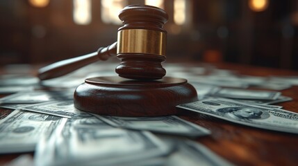 A wooden gavel hovers in the air, surrounded by money flying on an empty table inside a courtroom displaying the financial power in the trial