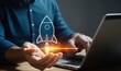 © lal khan - concept for a startup firm, To quickly launch their business, entrepreneurs utilise laptops with virtual screens that display rocket icons and up arrows. Business success and strategic planning