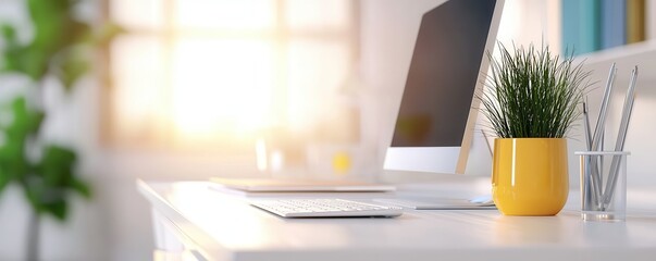 Sticker - Modern White Desk with Yellow Plant Pot and Computer.