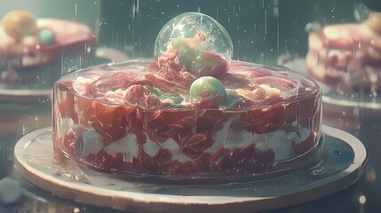 Wall Mural - A Single Cake Under Rain with Other Cakes in Background