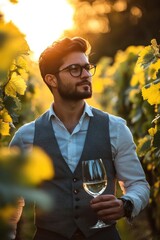 Poster - Man in Vineyard with Wine