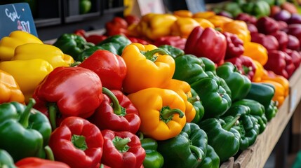 Wall Mural - A close-up of colorful market-ready bell peppers (Capsicum annuum), adding vibrancy to the market stall