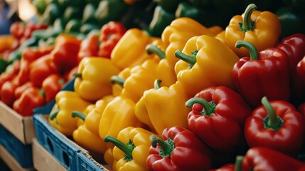 Wall Mural - A close-up of colorful market-ready bell peppers (Capsicum annuum), adding vibrancy to the market stall