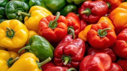 Wall Mural - A close-up of colorful market-ready bell peppers (Capsicum annuum), adding vibrancy to the market stall