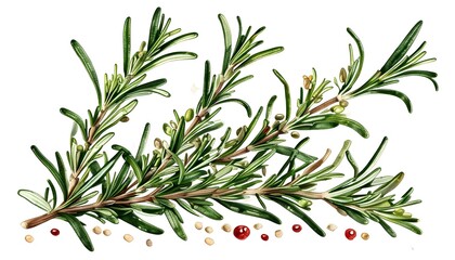 Elegant Watercolor Depiction of Rosemary and Thyme Sprigs with Culinary Elements on Clean White Background