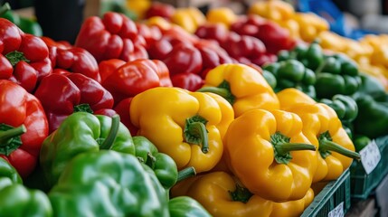 Wall Mural - A close-up of colorful market-ready bell peppers (Capsicum annuum), adding vibrancy to the market stall