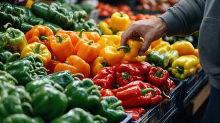 Wall Mural - A close-up of colorful market-ready bell peppers (Capsicum annuum), adding vibrancy to the market stall