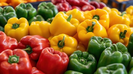 A close-up of colorful market-ready bell peppers (Capsicum annuum), adding vibrancy to the market stall