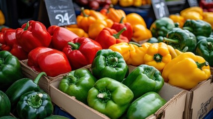 Wall Mural - A close-up of colorful market-ready bell peppers (Capsicum annuum), adding vibrancy to the market stall